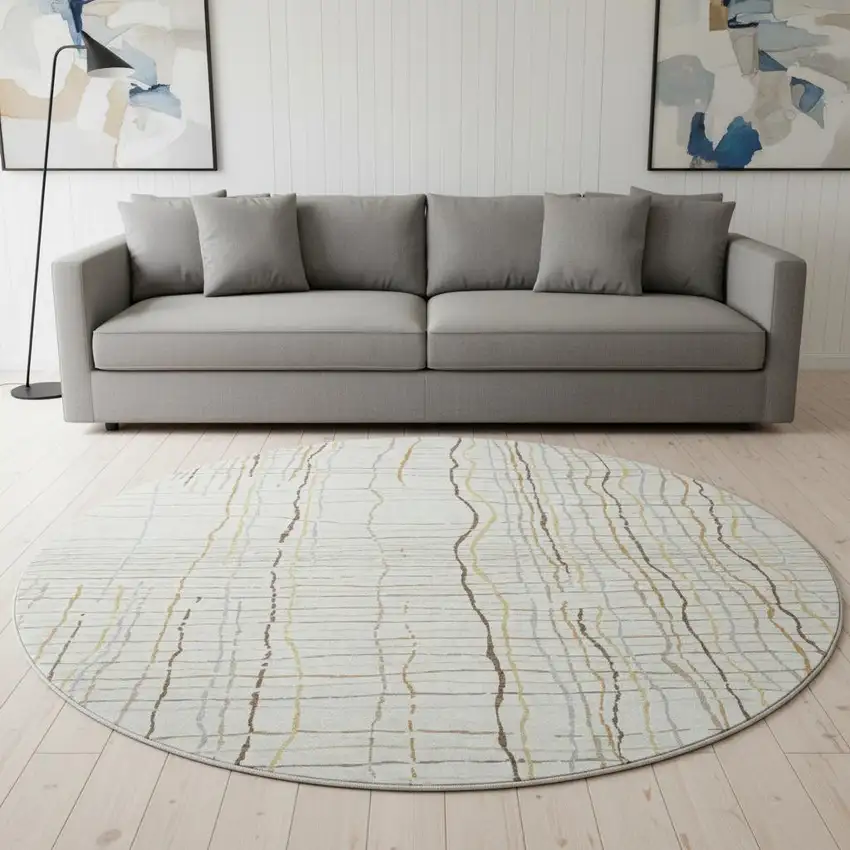 8' Ivory Gold And Gray Striped Washable Round Rug With UV Protection Photo 2
