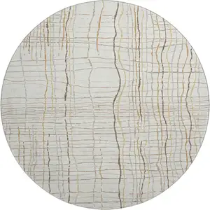 Photo of 8' Ivory Gold And Gray Striped Washable Round Rug With UV Protection