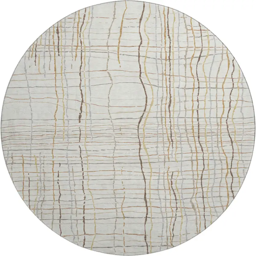 8' Ivory Gold And Gray Striped Washable Round Rug With UV Protection Photo 1