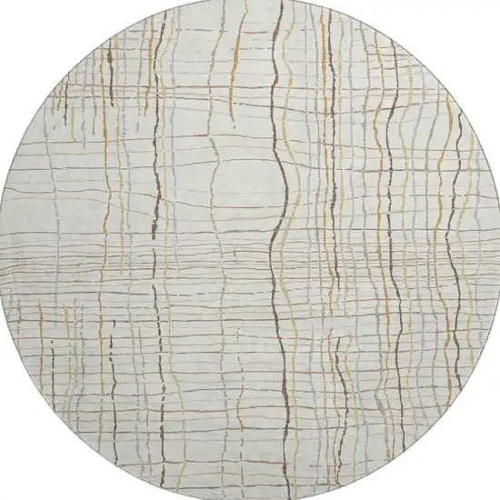 8' Ivory Gold And Gray Striped Washable Round Rug With UV Protection Photo 3