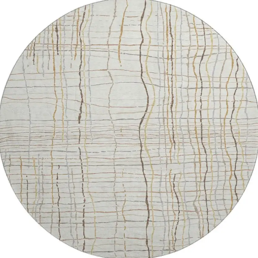 8' Ivory Gold And Gray Striped Washable Round Rug With UV Protection Photo 3