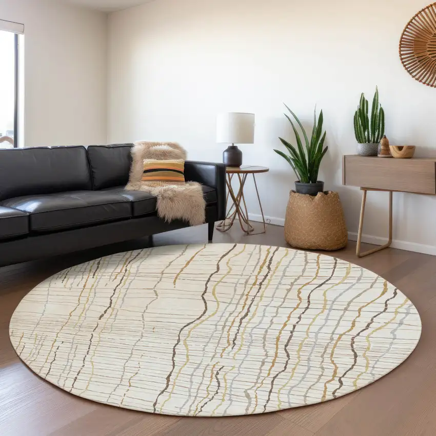 8' Ivory Gold And Gray Striped Washable Round Rug With UV Protection Photo 4