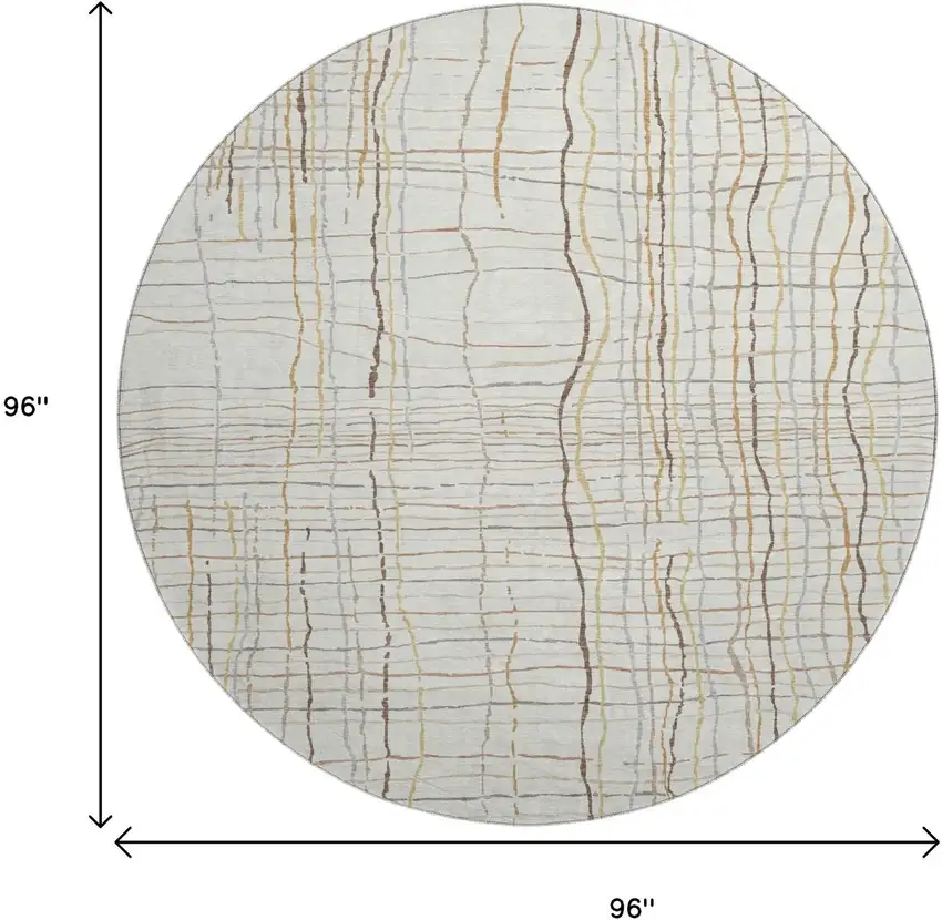 8' Ivory Gold And Gray Striped Washable Round Rug With UV Protection Photo 9