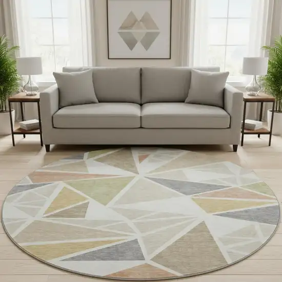 8' Ivory Gold And Green Geometric Washable Round Rug With UV Protection Photo 2