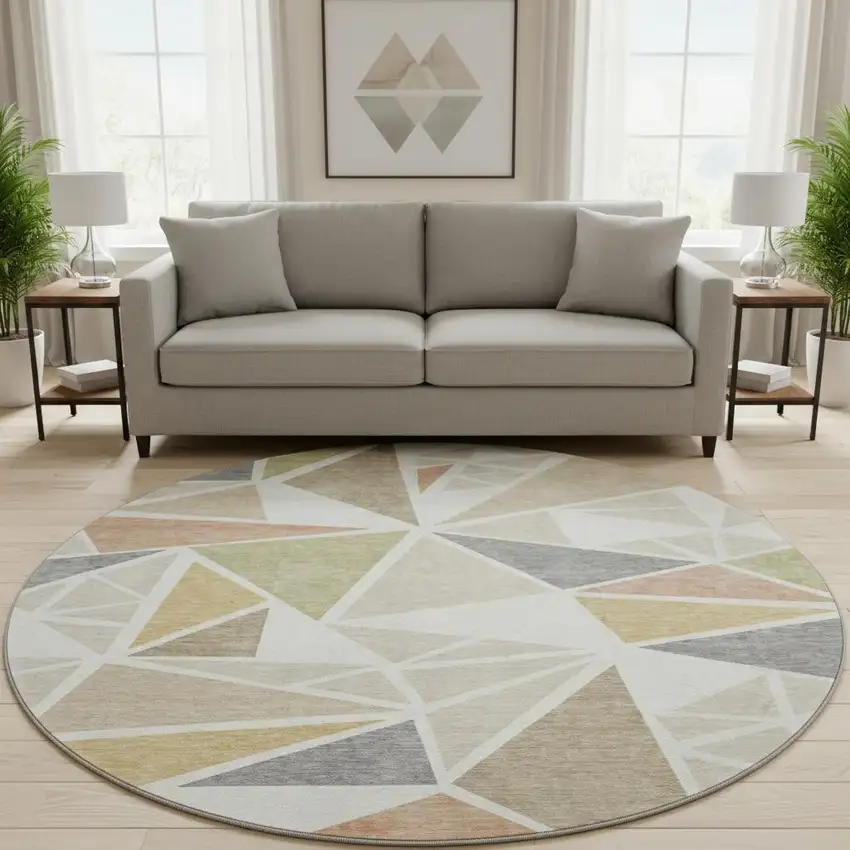 8' Ivory Gold And Green Geometric Washable Round Rug With UV Protection Photo 2