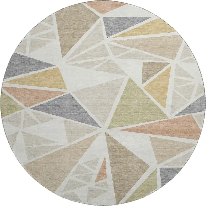 8' Ivory Gold And Green Geometric Washable Round Rug With UV Protection Photo 1