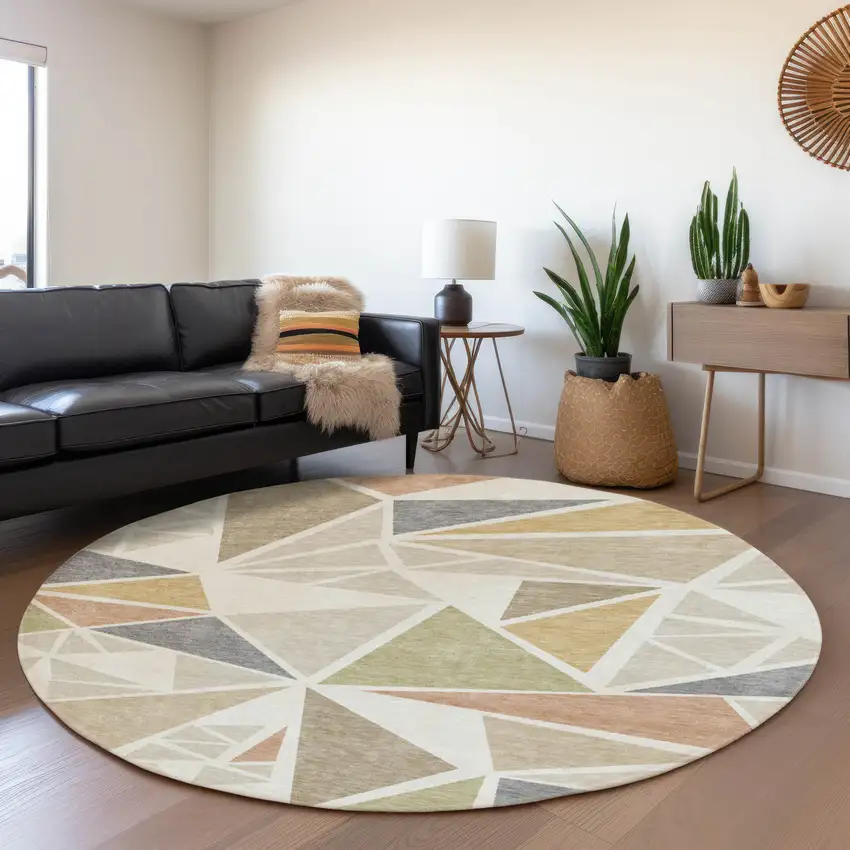 8' Ivory Gold And Green Geometric Washable Round Rug With UV Protection Photo 3