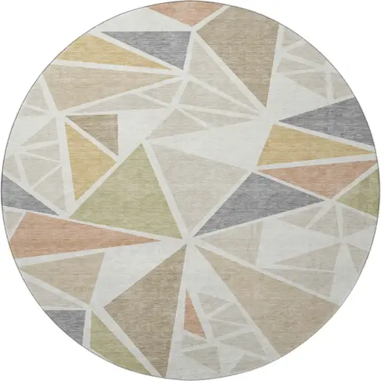 8' Ivory Gold And Green Geometric Washable Round Rug With UV Protection Photo 2
