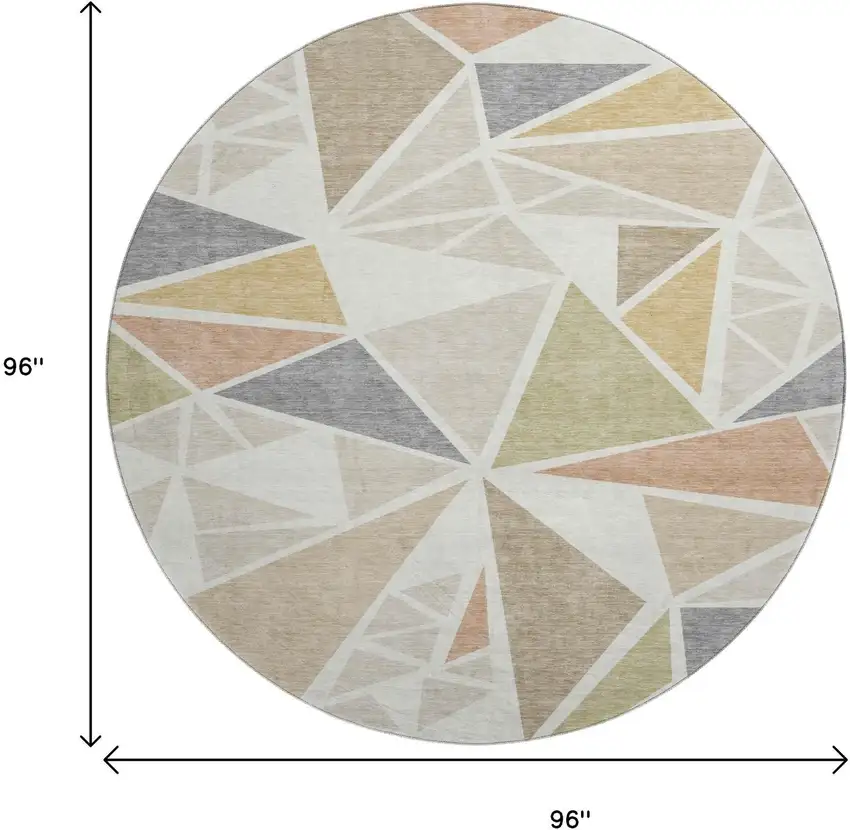 8' Ivory Gold And Green Geometric Washable Round Rug With UV Protection Photo 8