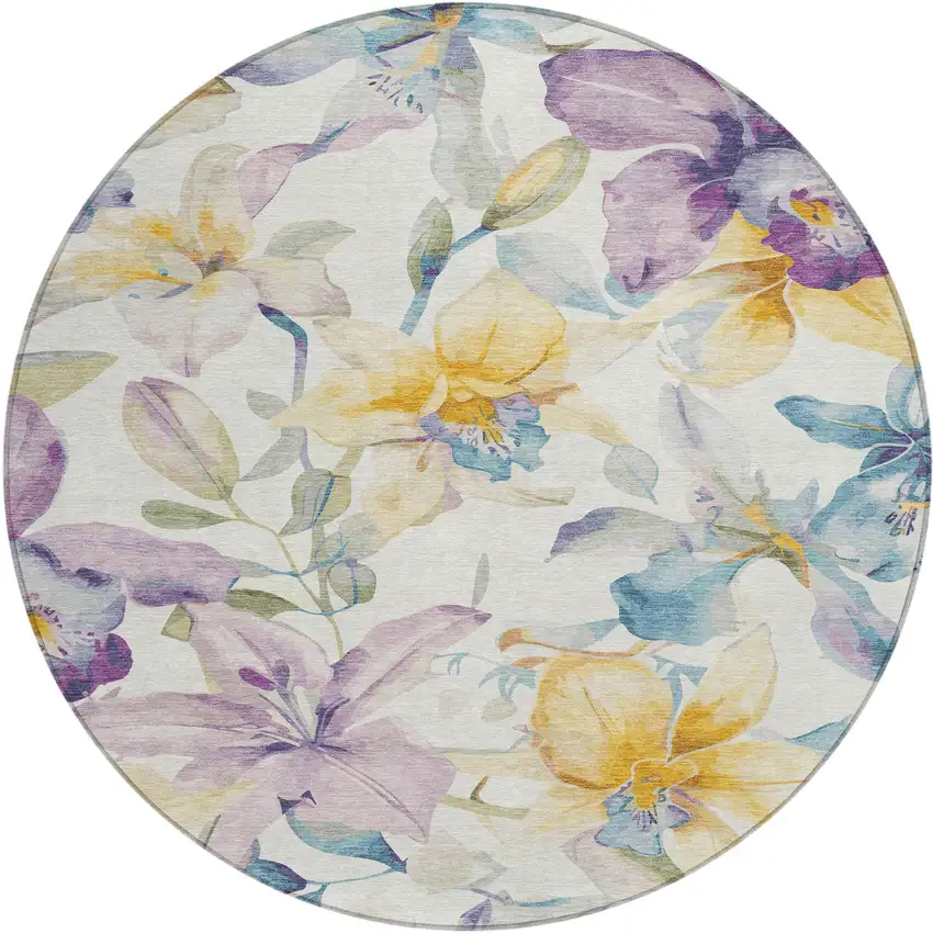 8' Ivory Gold And Lavender Round Floral Washable Indoor Outdoor Area Rug Photo 2