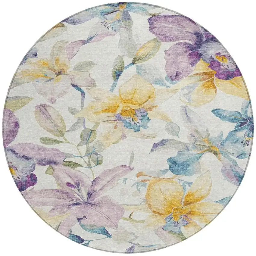 8' Ivory Gold And Lavender Round Floral Washable Indoor Outdoor Area Rug Photo 4