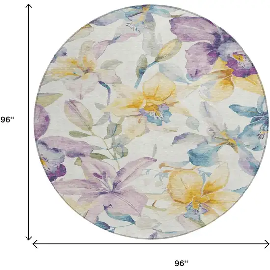 8' Ivory Gold And Lavender Round Floral Washable Indoor Outdoor Area Rug Photo 3