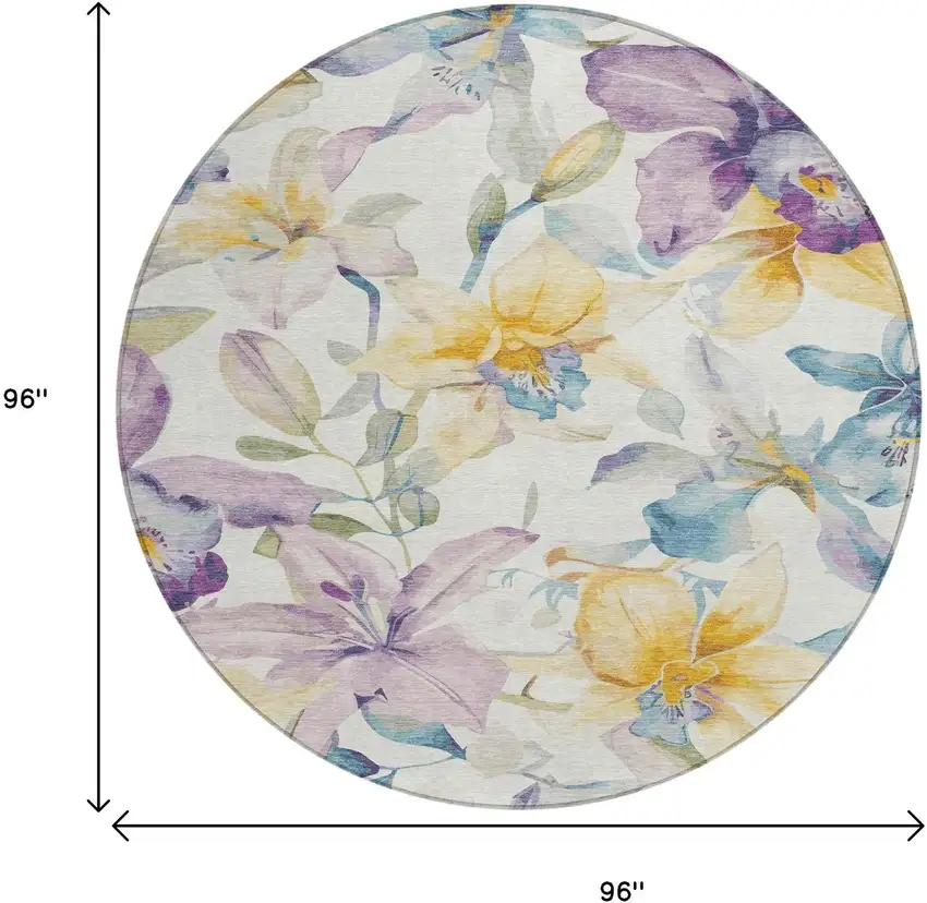 8' Ivory Gold And Lavender Round Floral Washable Indoor Outdoor Area Rug Photo 3