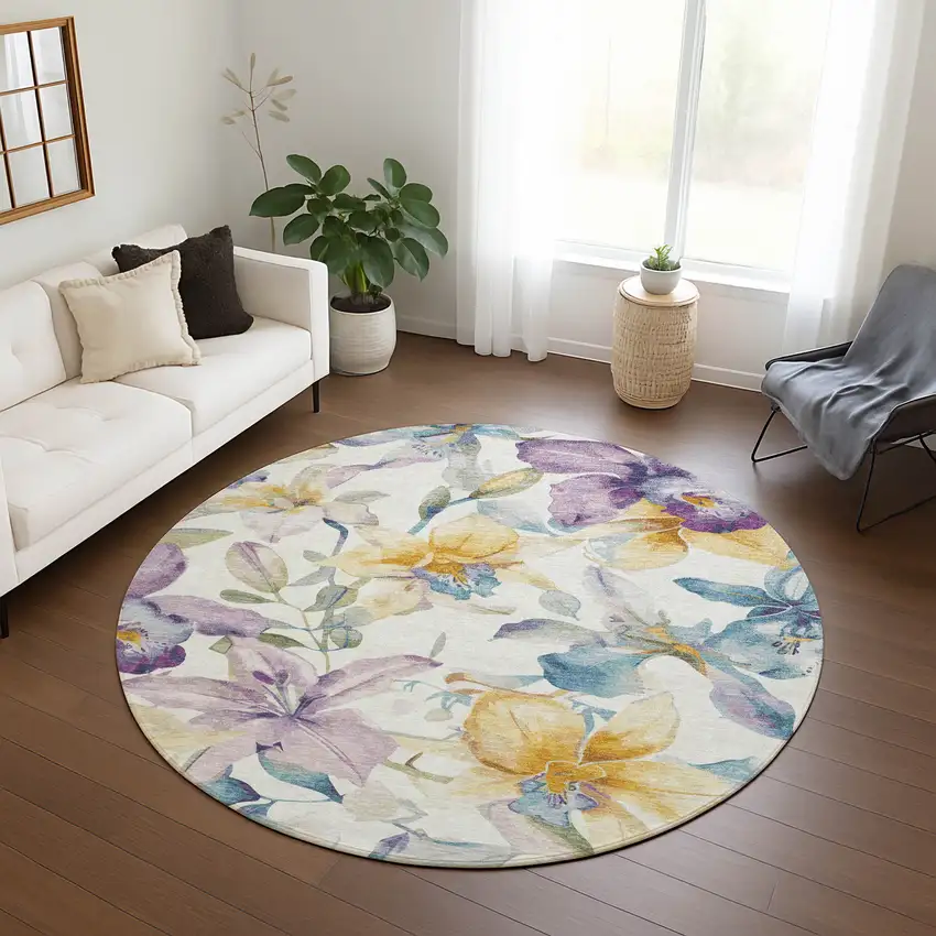8' Ivory Gold And Lavender Round Floral Washable Indoor Outdoor Area Rug Photo 9