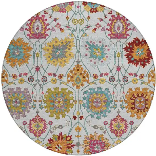 8' Ivory Gold And Pink Round Damask Washable Indoor Outdoor Area Rug Photo 3