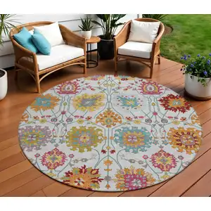 Photo of 8' Ivory Gold And Pink Round Damask Washable Indoor Outdoor Area Rug