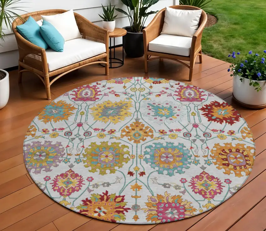 8' Ivory Gold And Pink Round Damask Washable Indoor Outdoor Area Rug Photo 1