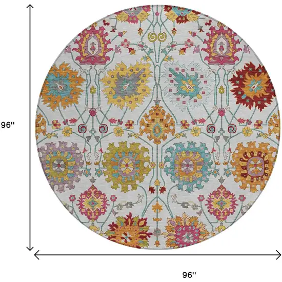 8' Ivory Gold And Pink Round Damask Washable Indoor Outdoor Area Rug Photo 4