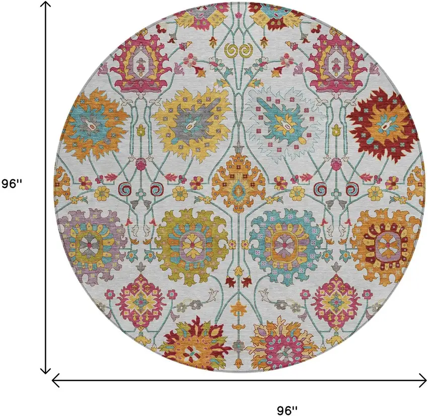 8' Ivory Gold And Pink Round Damask Washable Indoor Outdoor Area Rug Photo 4