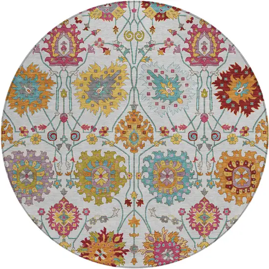 8' Ivory Gold And Pink Round Damask Washable Indoor Outdoor Area Rug Photo 2