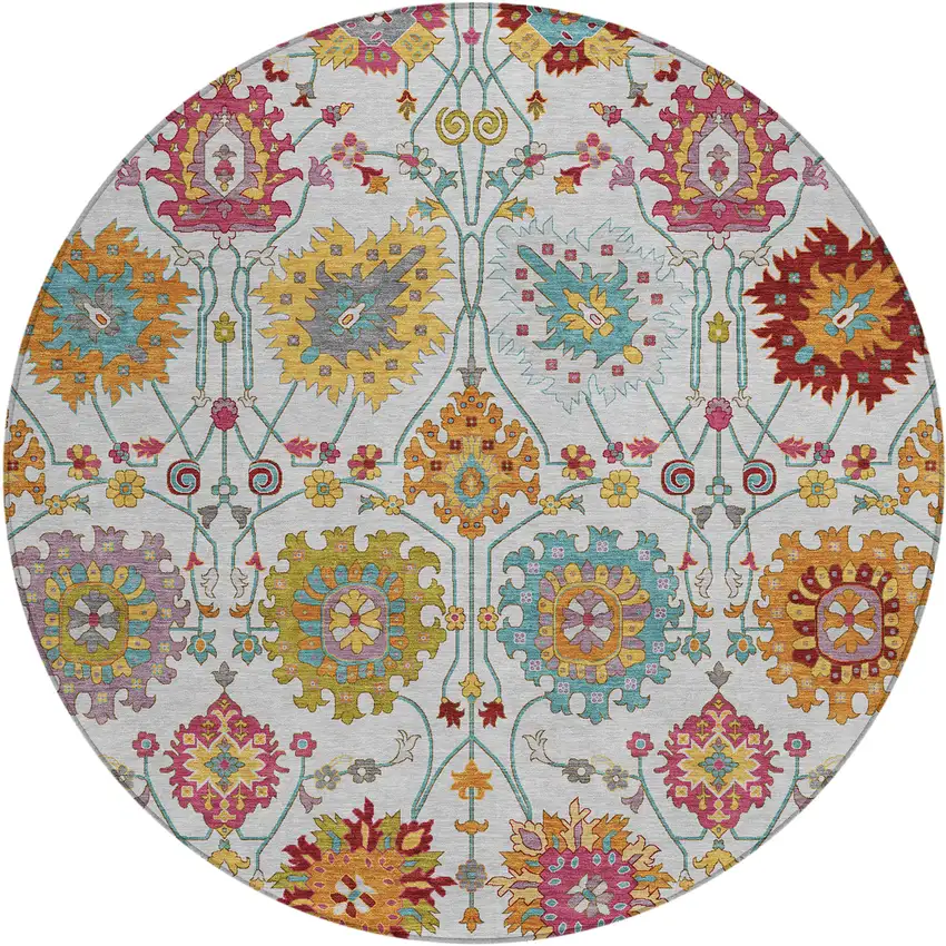 8' Ivory Gold And Pink Round Damask Washable Indoor Outdoor Area Rug Photo 2