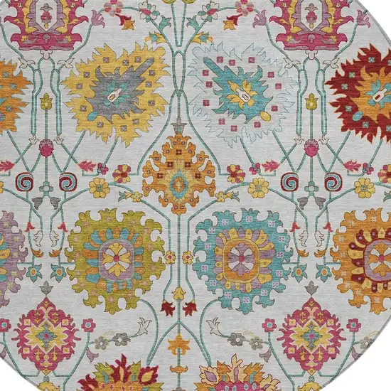 8' Ivory Gold And Pink Round Damask Washable Indoor Outdoor Area Rug Photo 7