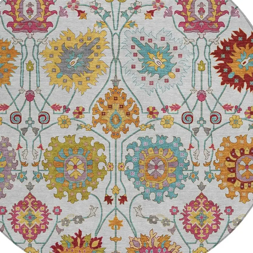 8' Ivory Gold And Pink Round Damask Washable Indoor Outdoor Area Rug Photo 7