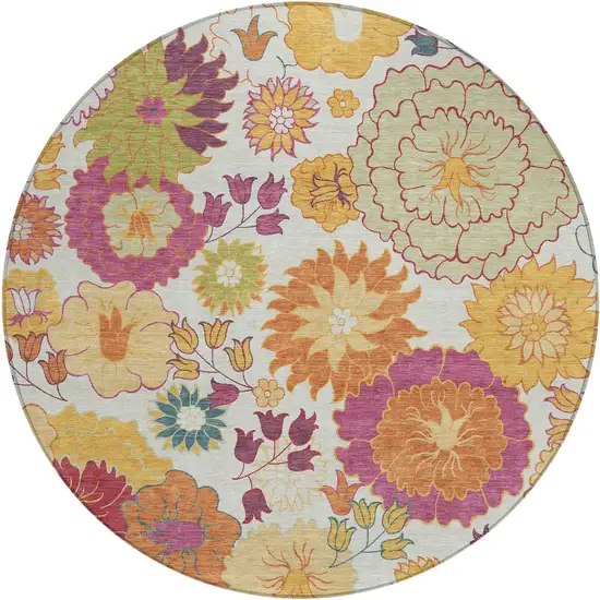 8' Ivory Gold And Pink Round Floral Washable Indoor Outdoor Area Rug Photo 2