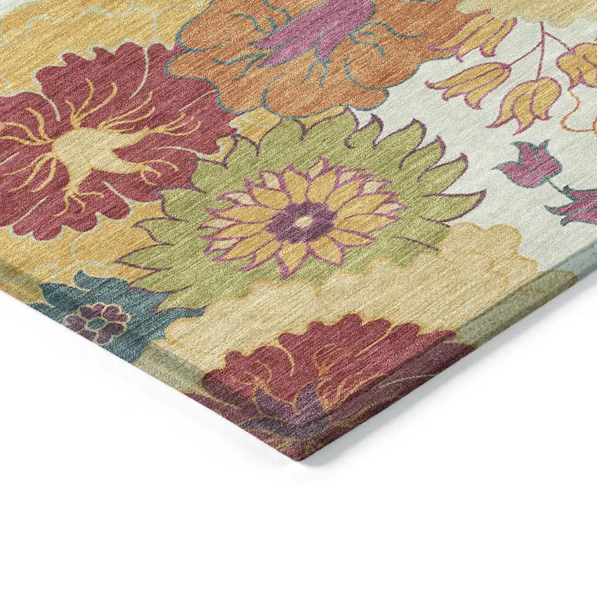 8' Ivory Gold And Pink Round Floral Washable Indoor Outdoor Area Rug Photo 6