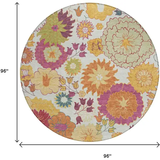 8' Ivory Gold And Pink Round Floral Washable Indoor Outdoor Area Rug Photo 3