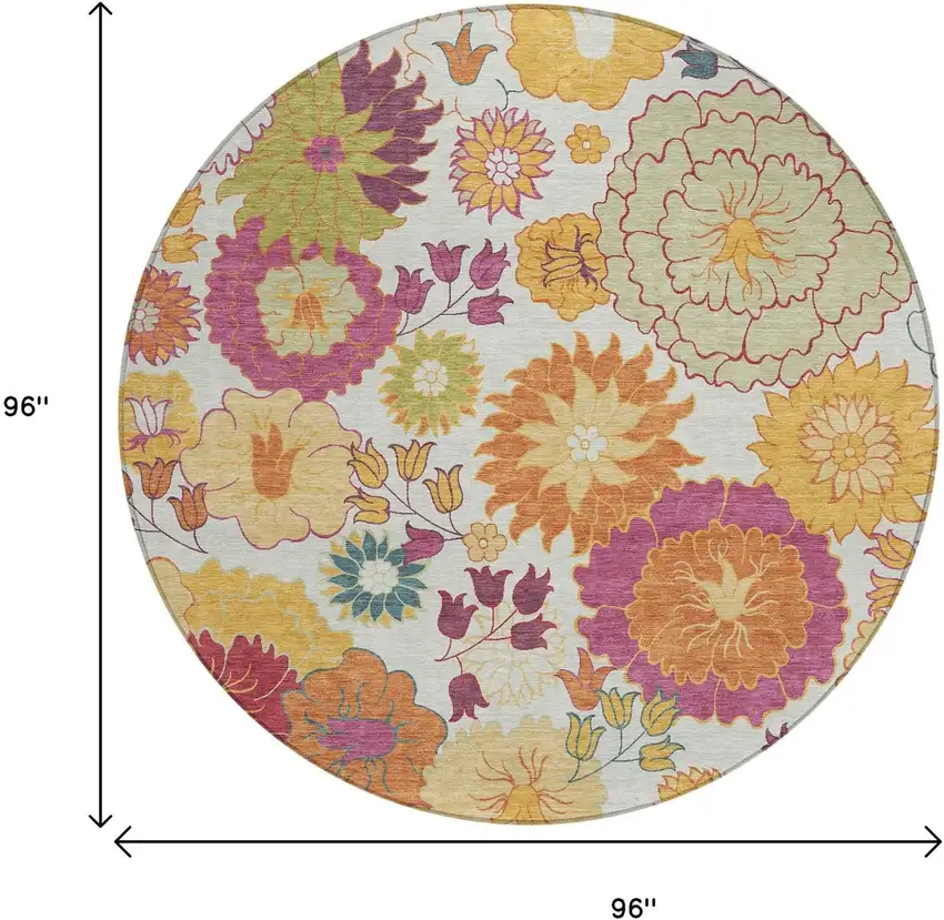 8' Ivory Gold And Pink Round Floral Washable Indoor Outdoor Area Rug Photo 3