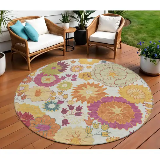 8' Ivory Gold And Pink Round Floral Washable Indoor Outdoor Area Rug Photo 1