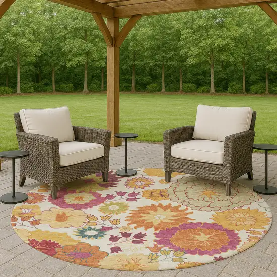 8' Ivory Gold And Pink Round Floral Washable Indoor Outdoor Area Rug Photo 9