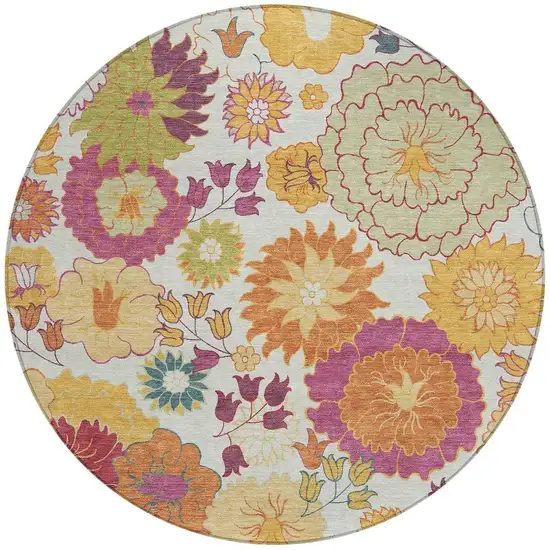 8' Ivory Gold And Pink Round Floral Washable Indoor Outdoor Area Rug Photo 4