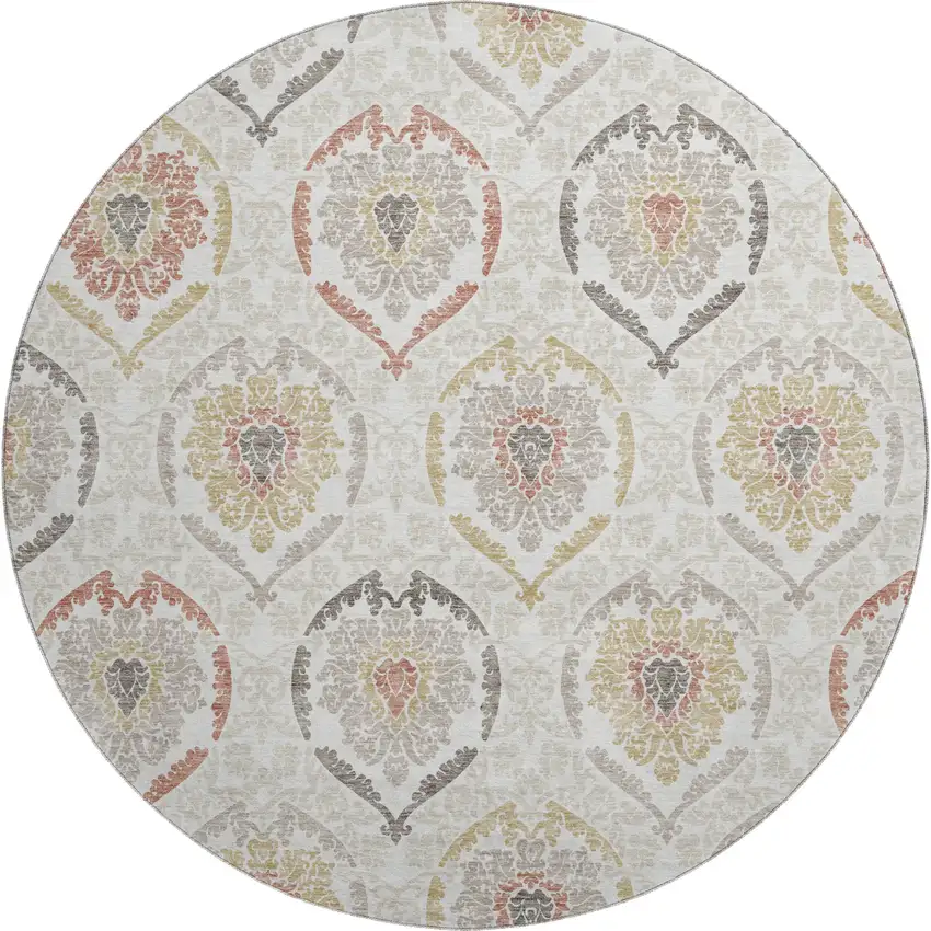8' Ivory Gold And Rust Medallion Washable Round Rug With UV Protection Photo 1