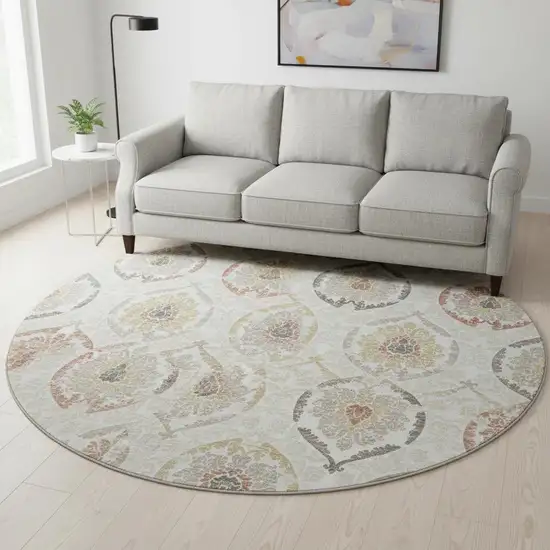 8' Ivory Gold And Rust Medallion Washable Round Rug With UV Protection Photo 2
