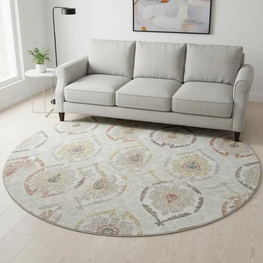 8' Ivory Gold And Rust Medallion Washable Round Rug With UV Protection Photo 2