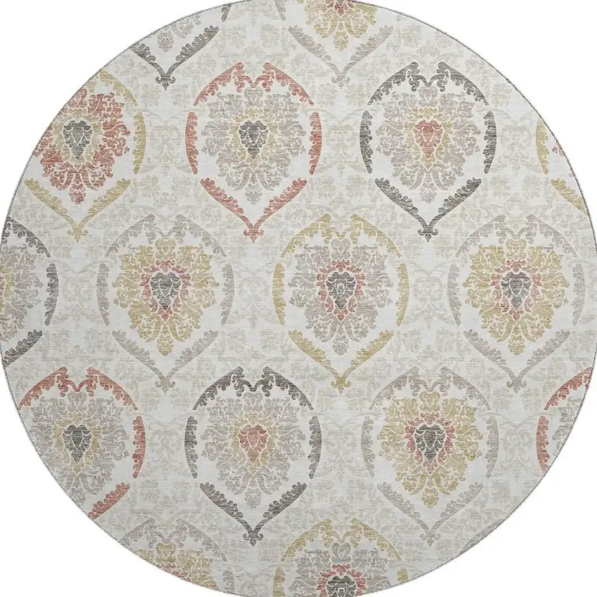 8' Ivory Gold And Rust Medallion Washable Round Rug With UV Protection Photo 4