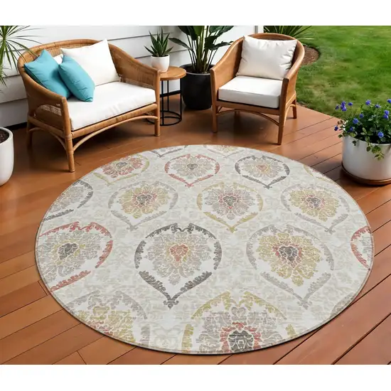 8' Ivory Gold And Taupe Round Medallion Washable Indoor Outdoor Area Rug Photo 1