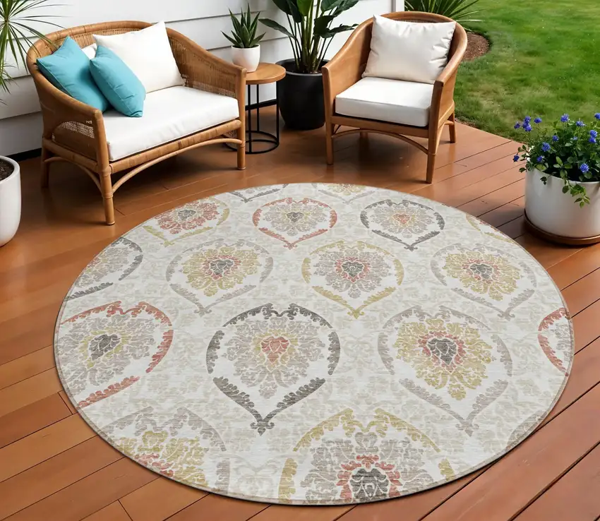 8' Ivory Gold And Taupe Round Medallion Washable Indoor Outdoor Area Rug Photo 1
