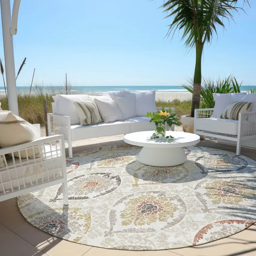 8' Ivory Gold And Taupe Round Medallion Washable Indoor Outdoor Area Rug Photo 7
