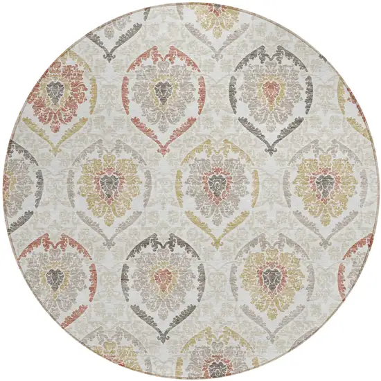 8' Ivory Gold And Taupe Round Medallion Washable Indoor Outdoor Area Rug Photo 2