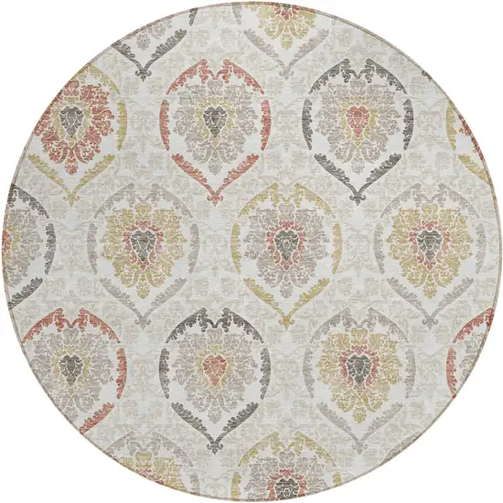 8' Ivory Gold And Taupe Round Medallion Washable Indoor Outdoor Area Rug Photo 2