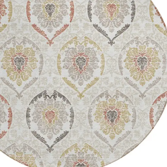 8' Ivory Gold And Taupe Round Medallion Washable Indoor Outdoor Area Rug Photo 4