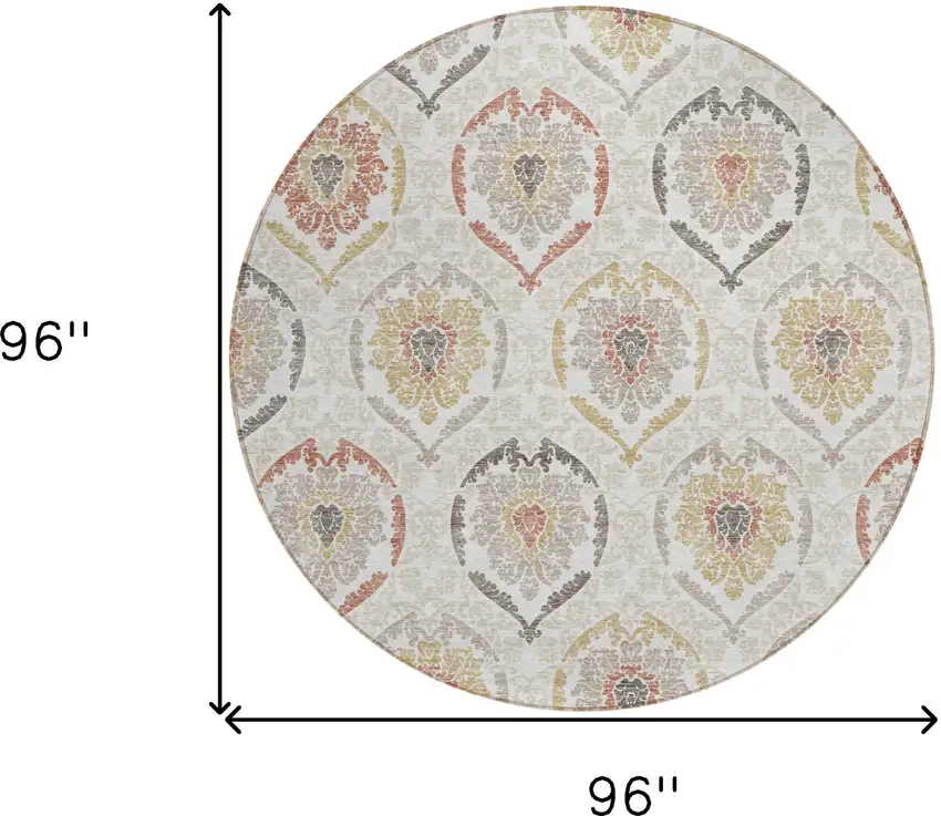 8' Ivory Gold And Taupe Round Medallion Washable Indoor Outdoor Area Rug Photo 3