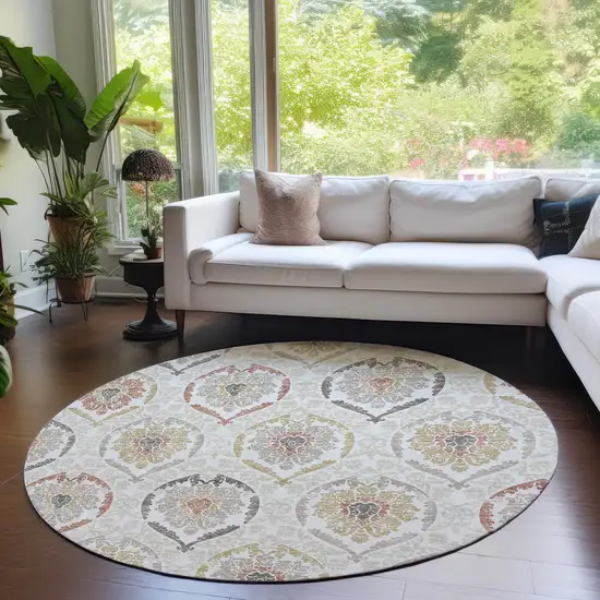 8' Ivory Gold And Taupe Round Medallion Washable Indoor Outdoor Area Rug Photo 8
