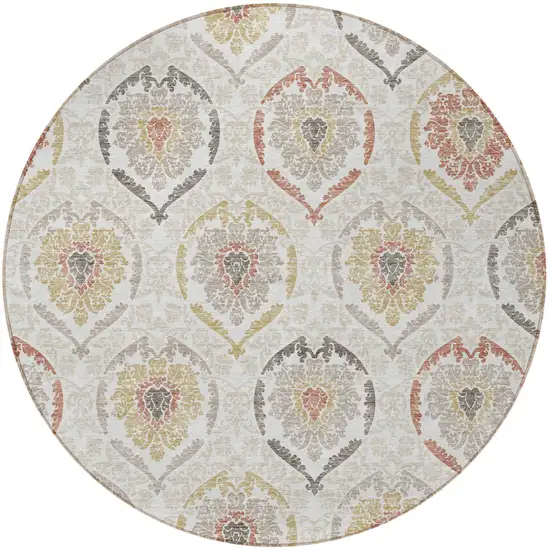 8' Ivory Gold And Taupe Round Medallion Washable Indoor Outdoor Area Rug Photo 6