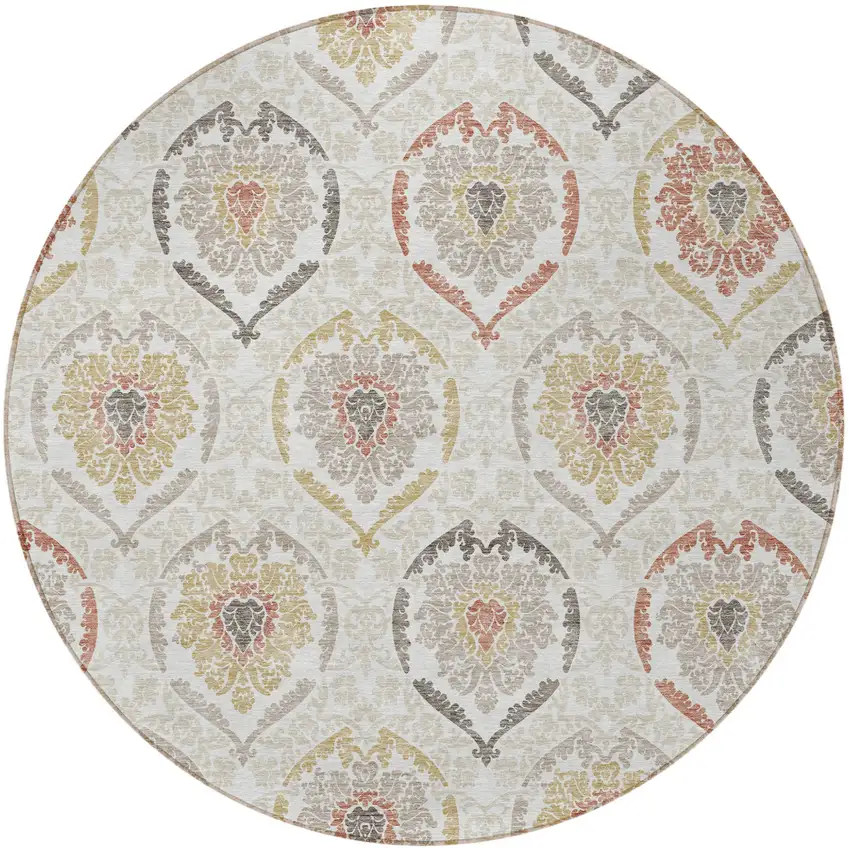 8' Ivory Gold And Taupe Round Medallion Washable Indoor Outdoor Area Rug Photo 6