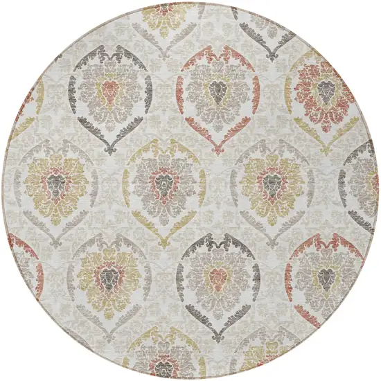 8' Ivory Gold And Taupe Round Medallion Washable Indoor Outdoor Area Rug Photo 6