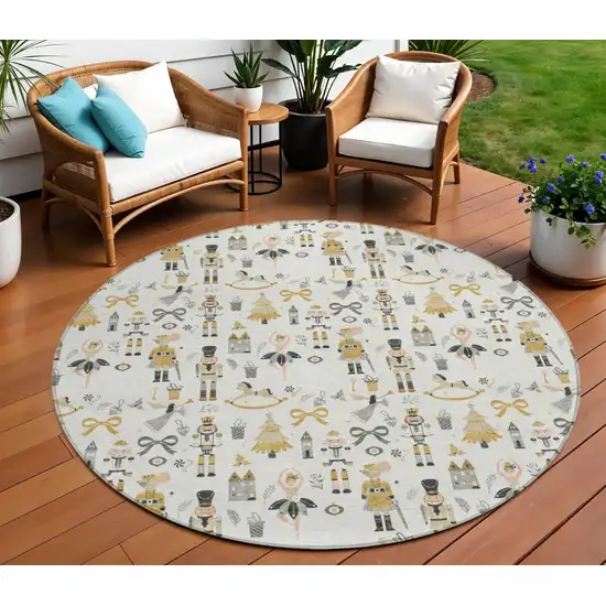 8' Ivory Gold Black And Gray Round Nutcracker Washable Indoor Outdoor Area Rug Photo 1